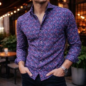 Express Men's Extra Slim Fit Floral Blue Long Sleeve Button-Up Shirt‎ S